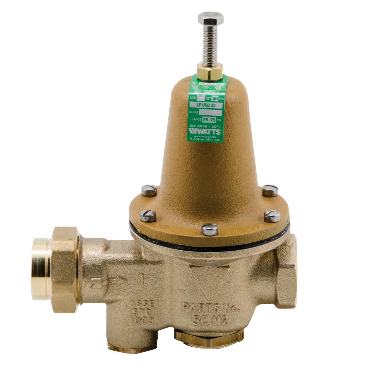 WATTS, 1&quot;, PRESSURE REDUCING VALVE, 25-75 PSI, SET@50,